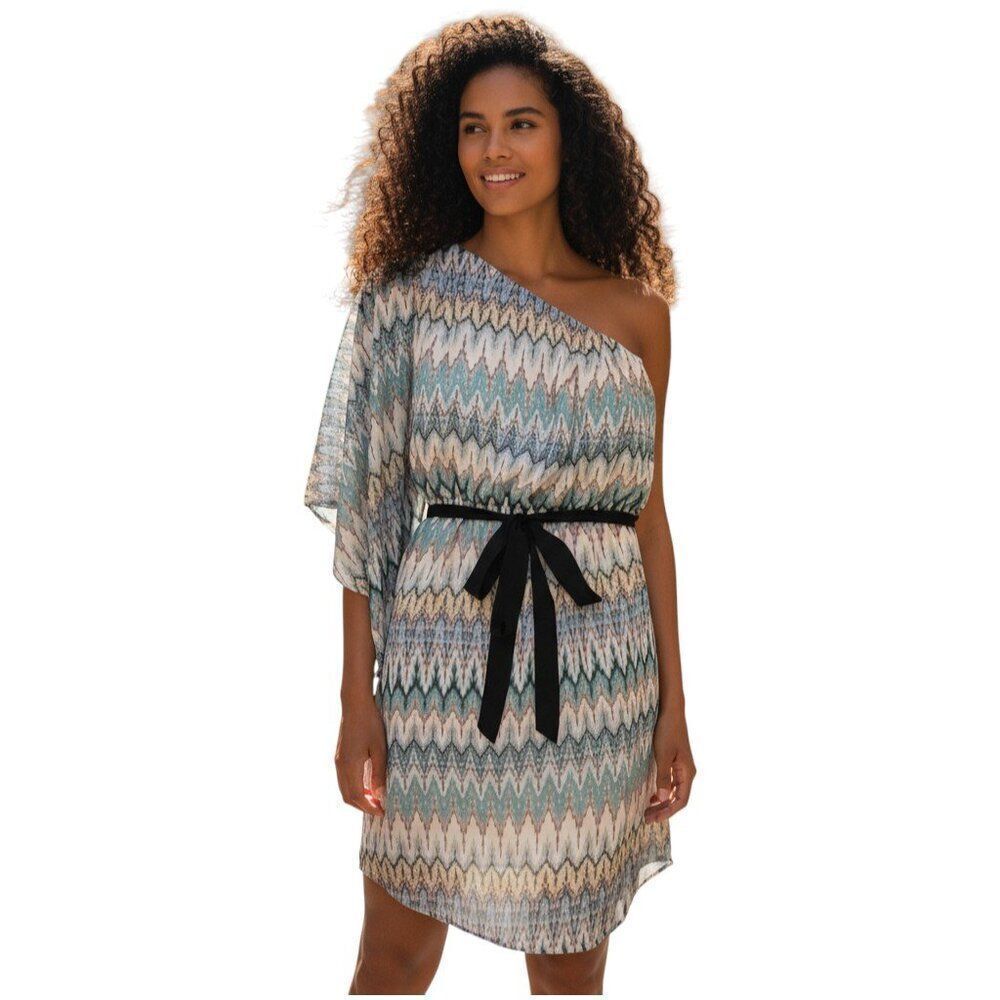NWT AUW Blue Red White Abstract Print One Sleeve Belted Mini Dress